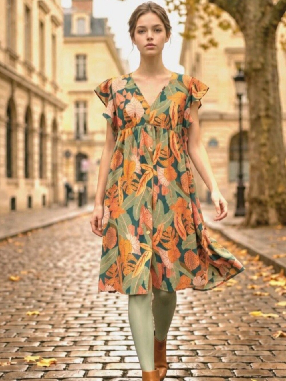 🍁🍃 Autumn Leaves Babydoll Ruffle Dress Emery Rose Size XL/1X NWOT